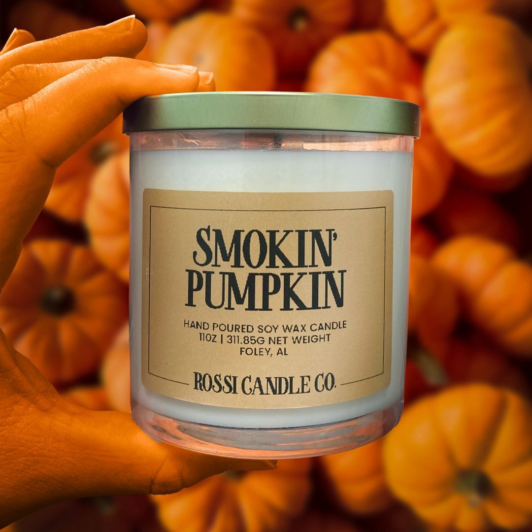 Smokin Pumpkin Fall Scented Soy Wax Candle in container. Fall candles gifts.